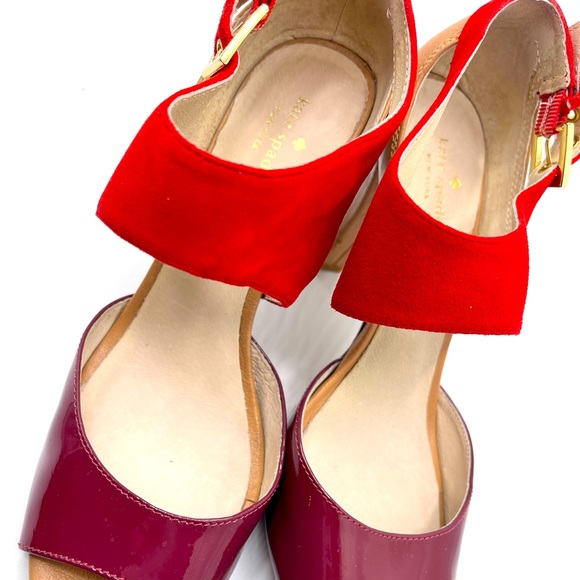 Kate spade open toe tan heels with red suede and purple patent leather size 7M - Picture 2 of 9